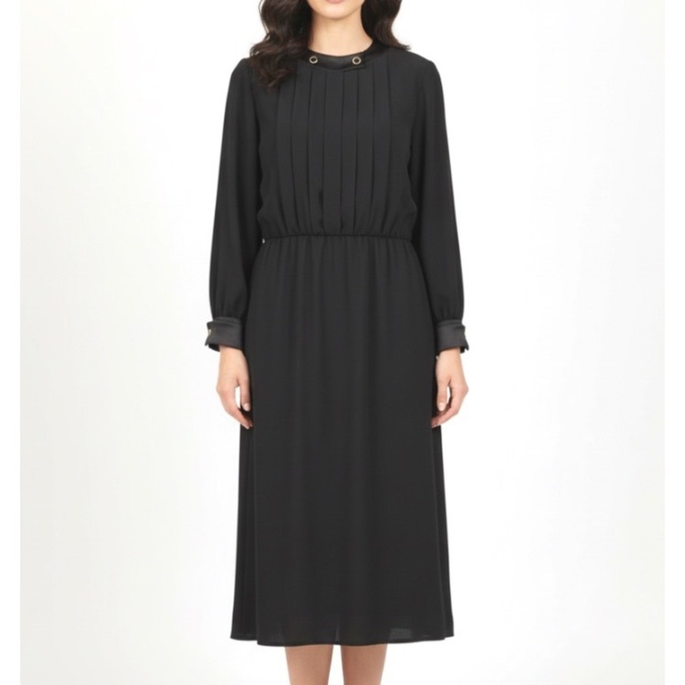 VTG HENRY LEE BLACK Lined CREPE Pleated SATIN TRIM French Cuffs BLOUSON DRESS 10